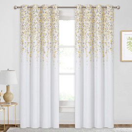 KGORGE Room Darkening Window Curtains, Flower Drop Print Insulated Drapes for Sliding Glass Door Living Room Dining, 52 x 84 inches Each, One Pair, Yellow Taupe