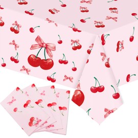 FujDun 4 Pcs Cherry Party Decorations Tablecloth, Plastic Waterproof Tablecover, Bow Cherry Tablecloth for Bachelorette Wedding Bridal Shower Baby Shower Birthday Party Supplies (54 inch x 108 inch)