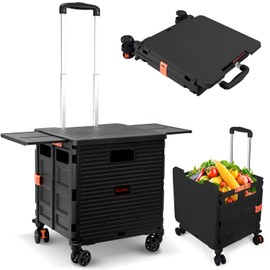 Foldable Utility Cart Collapsible Portable Crate Rolling Carts with Wheels Tote Basket with Magnetic Lid Telescopic Cover Wear-Resistant 360°Rotate Wheel Noiseless for Shopping Storage Office Use