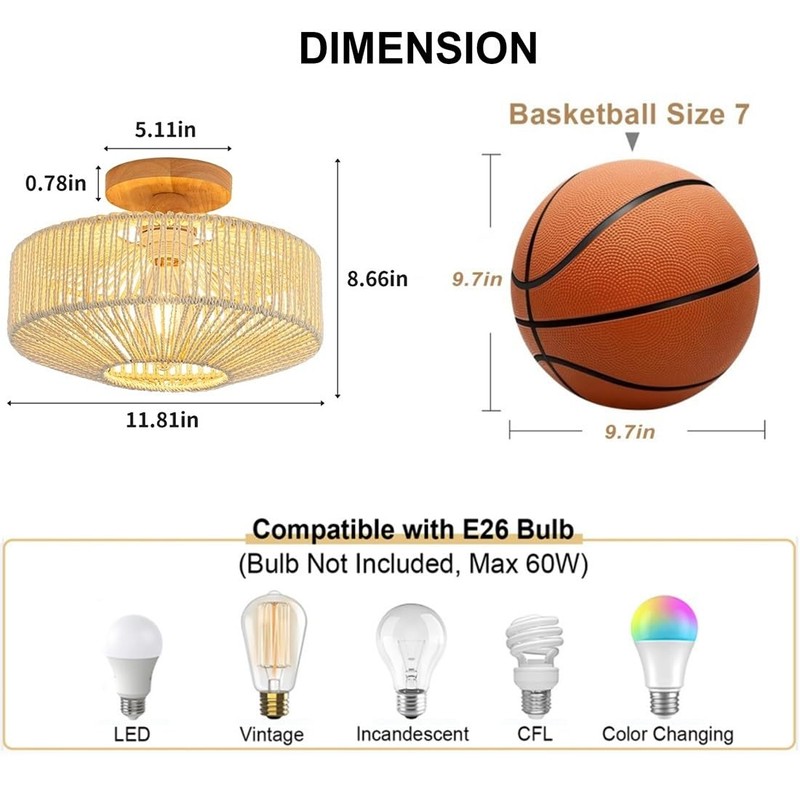 Rattan Light Fixtures Ceiling Flush Mount Boho Chandelier Bedroom Chandelier