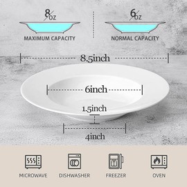 Artena 8 Ounces Pasta Bowls Set of 4, 8.5 inch Soup Bowls, Advanced Porcelain Salad Bowl, Wide Rim Pasta Plates, Shallow Bowls for Kitchen, Rimmed White Plates and Bowls Set, Microwave Oven Safe