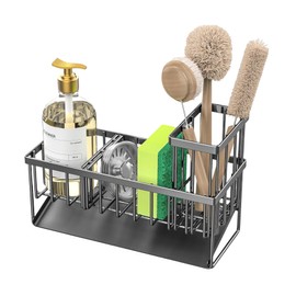 Sink Organiser with Drip Tray Inclined,Dish Soap Sponge Holder, Kitchen Bathroom Stainless Steel Sink Caddy,with Cleaning Towel Rod
