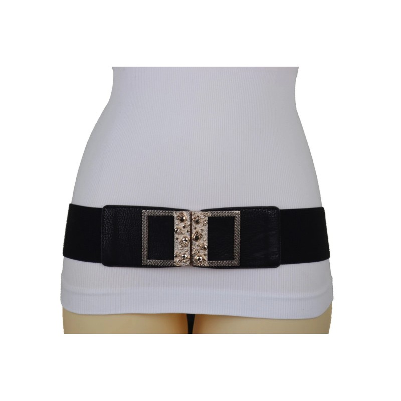 Unbranded Women Wide Black Elastic Band Belt Gold Metal Skulls