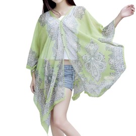 Xunger Women's Floral Ice Silk Cooling Sunproof Shawl UV Blocking Lightweight Multi-Way Wrap Beach Cover-Up Chiffon Scarf(1032-LightYellow-OneSize-RD)