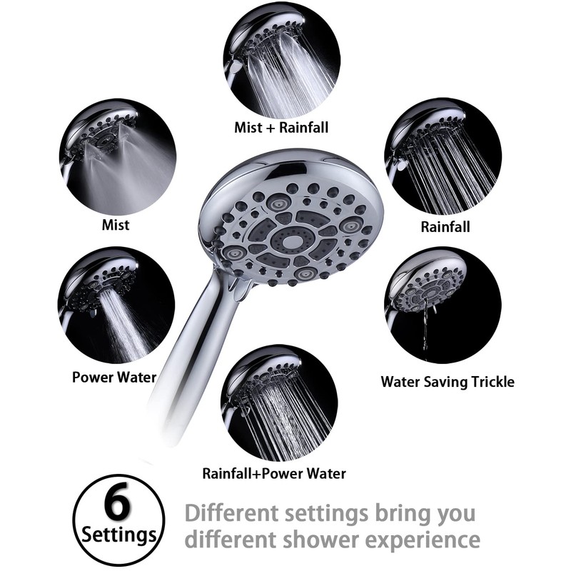 G-Promise Handheld Shower Head High Pressure 6 Spray Settings, Detachable