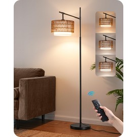 EDISHINE Rattan Floor Lamp with Dimmable Bulb, 5 Color Temperatures, Adjustable Farmhouse Standing Lamp with Remote, Black Floor Lamps for Living Room, Office, Bedroom