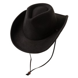 Jastore Kids Girls Boys Wide Brim Western Cowboy Cowgirl Hat with Wind Lanyard Felt Fedora Hat (Black, 5-12 Years)