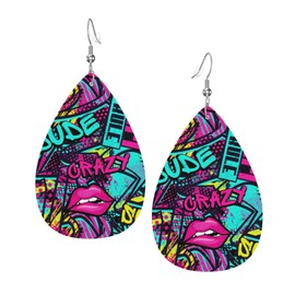 Faux Leather Earrings Graffiti Style Teardrop Dangle Earrings Jewelry For Women
