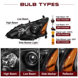 JSBOYAT Headlight Assembly Replacement for 2013 2014 2015 Nissan Altima 4-Door Sedan Projector Headlamp Driver and Passenger Side Black Housing with Amber Reflector
