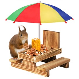 Gnodary Squirrel Feeder with Umbrella, Squirrel Feeders for Outside, Squirrel Picnic Table Feeder - Chipmunk Feeder Hold Corn, Corn Cob, Peanuts Style2 (Red)