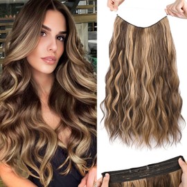 HOOJIH Wire Hair Extensions 3 Ways Adjustable Headband Size Curly Wavy Invisible Wire Hairpiece 20 Inch 140 Gram Invisible Secret Extensions for Women - Deep Brown with Dirty Blonde