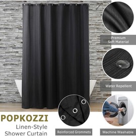 Popkozzi Black Fabric Shower Curtain: 78 Inch Long Linen Textured Water Repellent Washable Polyester Cloth Shower Curtains for Bathroom - Elegant Simple Classic Hotel Bath Curtain - 72x78
