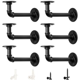 LuckIn Pipe Shelf Brackets for DIY 8 10 12 14 Inch Floating Shelves, Industrial Iron Pipe Bracket, Heavy Duty Farmhouse Shelving Brackets, Black, 6-Pack