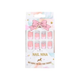 Sethexy Short Squoval Fake Nails French Crystal False Nails Glitter Pink Stick on Nails 24Pcs Acrylic Press on Nail Tips