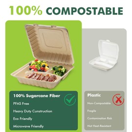 yoyomax [8x8-50Pack] 100% Compostable To Go Food Containers with Lids, 3-Compartment Take Out Clamshell Container, Bio Disposable | Eco Friendly | Heavy-Duty Boxes, Made of Sugarcane Fibers