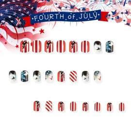 4th of July Press on Nails Short Square Fake Nails 24Pcs Glossy USA Flag Stripe Star False Nails American Eagle Design Stick on Fingernails Independence Day Gel Glue on Nail for Women