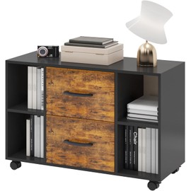 SogesHome Office File Cabinet with 3 Storage Cubes, Mobile Lateral Filing Cabinet with 2-Drawers, Storage Cabinet with 4-Lockable Wheels for Home, Office, School, Black&Vintage Brown
