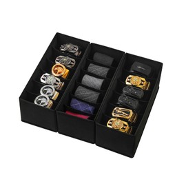 Coorganisers 3 Packs Fabric Belt Organizer, 6 Grids Belt Organizer for Closet and Drawer, Foldable Dresser Drawer Organizers, Tie Organizer for Men, Belt Tie Holder, Belt Tie Storage Organizer-Black