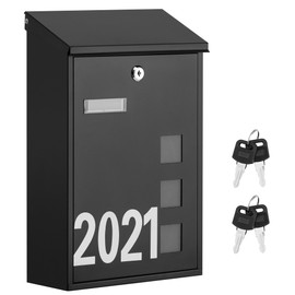 LAND·VOI Wall Mounted Mailbox with 4 Keys, Post Box for Wall and Fence, Viewing Windows, Nameplate, Easy to Install, 3.94 x 9.8 x 15.6 Inches, Large Capacity, Includes Mailbox Numbers, Matt Black