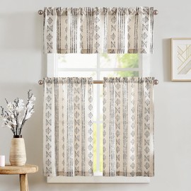 jinchan Boho Stripe Kitchen Curtains and Valance Set Linen Tier Curtains Bohemian Small Window Drapes 36 Inch for Cafe Living Room Bathroom Window Treatments Rod Pocket 3 Pieces Set Black on Beige