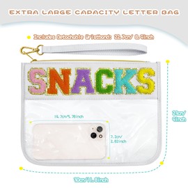 LSxia Chenille Letter Clear Travel Zipper Pouch Nylon Makeup Bag, Preppy Makeup Bag Clear Cosmetic Toiletry Bag, Water-proof Makeup Travel Pouch Snack Bags for Women (White-Snacks)