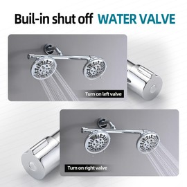Double Shower Head with Built-in 2 Shut Off Valve Shower Splitter, High Pressure 8 Setting Dual Shower Head, Perfect for Couples in Walk-in Bathroom or Singles in Bathtub Bathroom - Chrome
