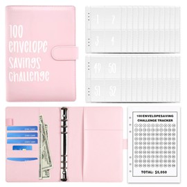 Mtgluk 100 Envelope Challenge Binder, PU Leather A5 Binder Budget Book with Cash Envelopes Padfolio Ring Budget Binder Planner Book (Pink)