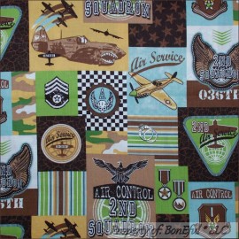 Signature BonEful Fabric FQ Cotton Quilt Brown Blue Boy Air Force Patch USA Military Plane