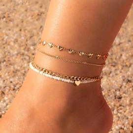 Fesciory Women Heart Anklet Adjustable Beach Layered Ankle Bracelets for Women Gold Alloy Foot Chain Jewelry (Heart 4PCS)