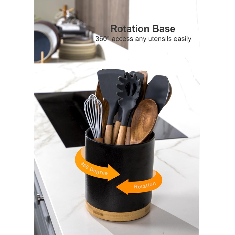 Nucookery 360°Rotating Utensil Holder, 7.2" Kitchen Utensil Crock, Ceramic Cooking