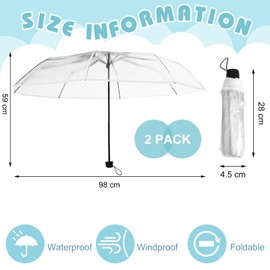 Hestya 2 Pcs Clear Umbrella 38.6'' Folding Transparent Umbrella Windproof Rainproof Travel Wedding Parasol for Party