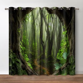 Jekeno Forest Blackout Curtains Green Jungle Trees Foliage Decor Mystic Tropical Landscape Nature Scenery Woodland Grommet Window Drapes for Bedroom Living Room, 42 Wide 54 Long Inches 2 Panel Set