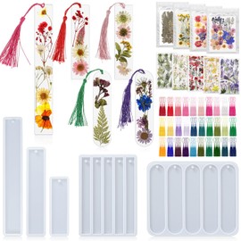 Fuyoooo Dried Flower Bookmarks Includes 5 Pcs Silicone Resin Bookmark Mold, 150 Pcs Colorful Tassels, 4 Pack Dried Flowers, 5 Set Flower Stickers DIY Bookmarks Kit for Book Lovers Woman Birthday Gifts