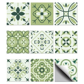 CHGCRAFT 36pcs 9 Styles Arab Pattern White Green Tile Stickers Waterproof Tile Stickers Square with Flower Pattern for Kitchen Bathroom Bedroom Wall Floor Decoration, Dark Sea Green, 3.9×3.9inch