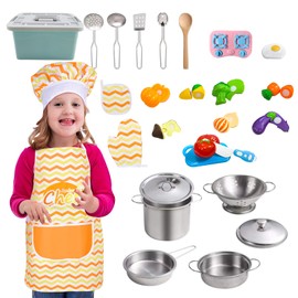 YATOSEEN 25 Pieces Kitchen Toy with Cookware, Pots and Pans Stainless Steel Cooking Utensils, Apron and Chef's Hat, Vegetable Chopping, Cooking Toys and Food Toys for Kids