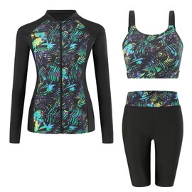 Ausing Women Swimsuits Set 3-Piece Sun Protection Bathing Suit 3 Piece Long Sleeve Swimming Suit Rash Guard Set Surfing L Black
