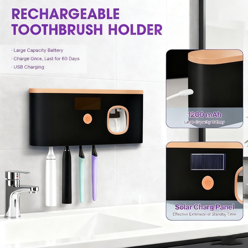 Toothbrush Sterilizer Holder Wall Mounted, USB Rechargeable Automatic Toothpaste Dispenser