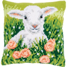 Vervaco Lamb and Flowers Cross Stitch Cushion, White, ca. 40 x 40 cm