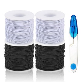 4 Rolls 1 mm×200 m(219 Yards) Stretchy String for Bracelets and one U-Type Scissor Yarn Scissor, Sturdy Elastic String Elastic Cord for Jewelry Making, Necklaces, Beading (2 Black+ 2 White)