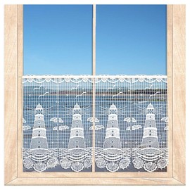 Maritime White Lace Curtain Lighthouse Made of Plauen Lace Panel Curtain (Height x Width 40 x 96 cm)