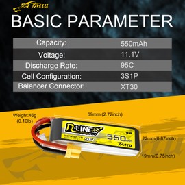 TATTU R-Line 3S Lipo Battery 550mAh 11.1V 95C with XT30 Plug for FPV Racing Quadcopter