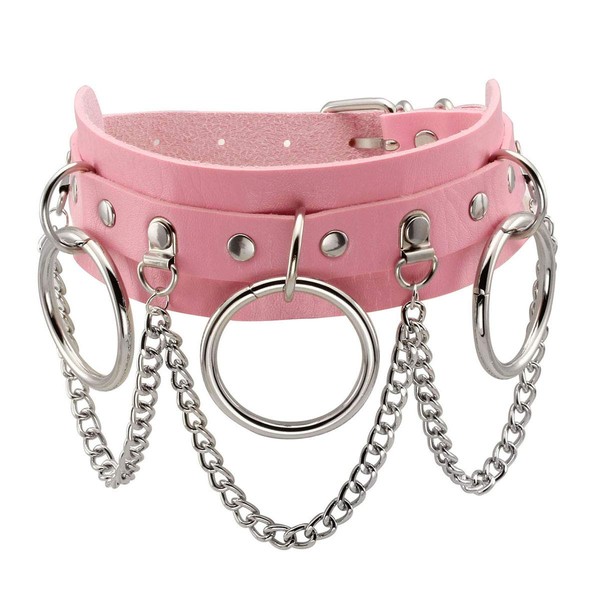 EIGSO Pink Choker Goth Collar for Women Punk Style Rings with Chains Necklace Collar Adjustable, Leather, No Gemstone