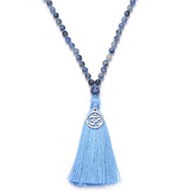 108 Mala Beads Tassel Necklace-Calming Meditation Spiritual Mala Necklace Gift-Healing Grounding Spiritual OM Necklace (Blue Spot Jasper Agate)