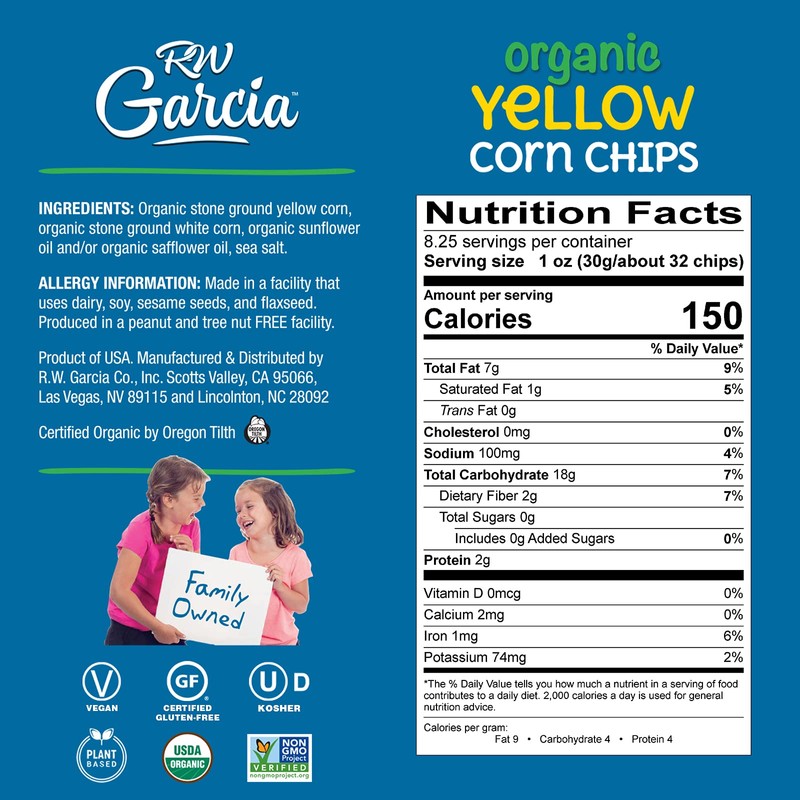 RW Garcia Organic Yellow Corn Chips, Gluten Free, 8.25oz bags,