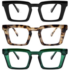REAVEE 3 Pack Oversized Oprah Style Reading Glasses for Women, Blue Light Blocking Ladies Stylish Square Large Computer Readers with Spring Hinge (Black/Grey Leopard/Green 2.5x)