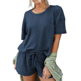 Andeip Waffle Pajama Set Women Lounge Sets 2 Piece Loungewear Plus Size Waffle Knit Sleepwear Sets Navy Blue 2XL