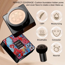 Mushroom Head Air Cushion CC Cream Foundation Cover Concealer, Long Lasting Moisturizing Oil Control BB Cream with Mushroom Makeup Sponge, Full Coverage Foundation for All Skin Types (Natural)