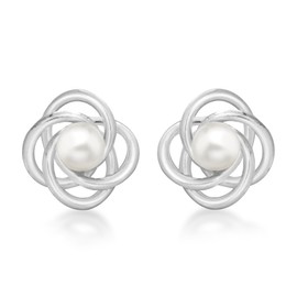 Tuscany Silver Women's Sterling Silver 4 Ring Knot and Pearl Stud Earrings