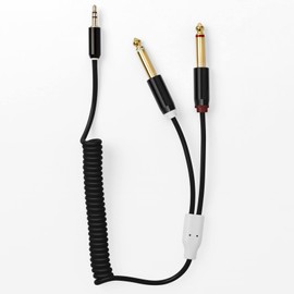 Candycord Audio Cable by myVolts, Straight Mini Jack to 2 x Straight Large Jack, Curly 40cm to 50cm, Liquorice Black Colour