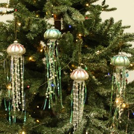 Mingfuxin Glass Jellyfish Christmas Ornaments 2021, Coastal Christmas Tree Decorations Set Glass Hanging Ornament Decor, 13-Inch Beach Xmas Tree Decorations, 4 Pack